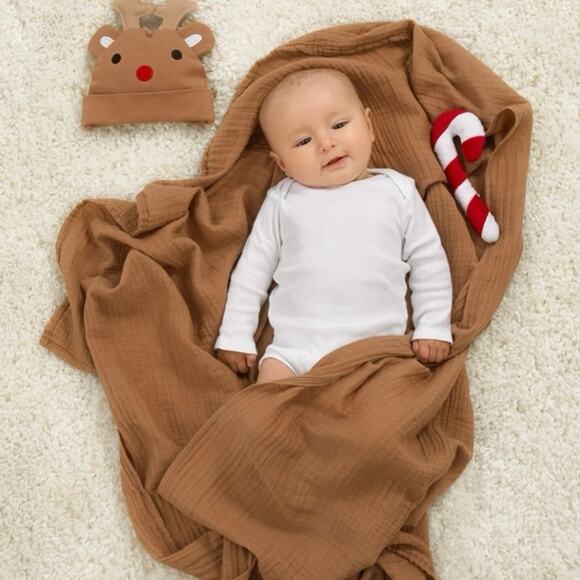 Parent's Choice Brown Reindeer Xmas Swaddle Set, Swaddle Baby Blanket and Beanie - Picture 8 of 8